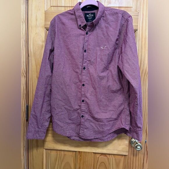 Hollister muscle fit epic stretch size L burgundy and white checked button down - Picture 1 of 9